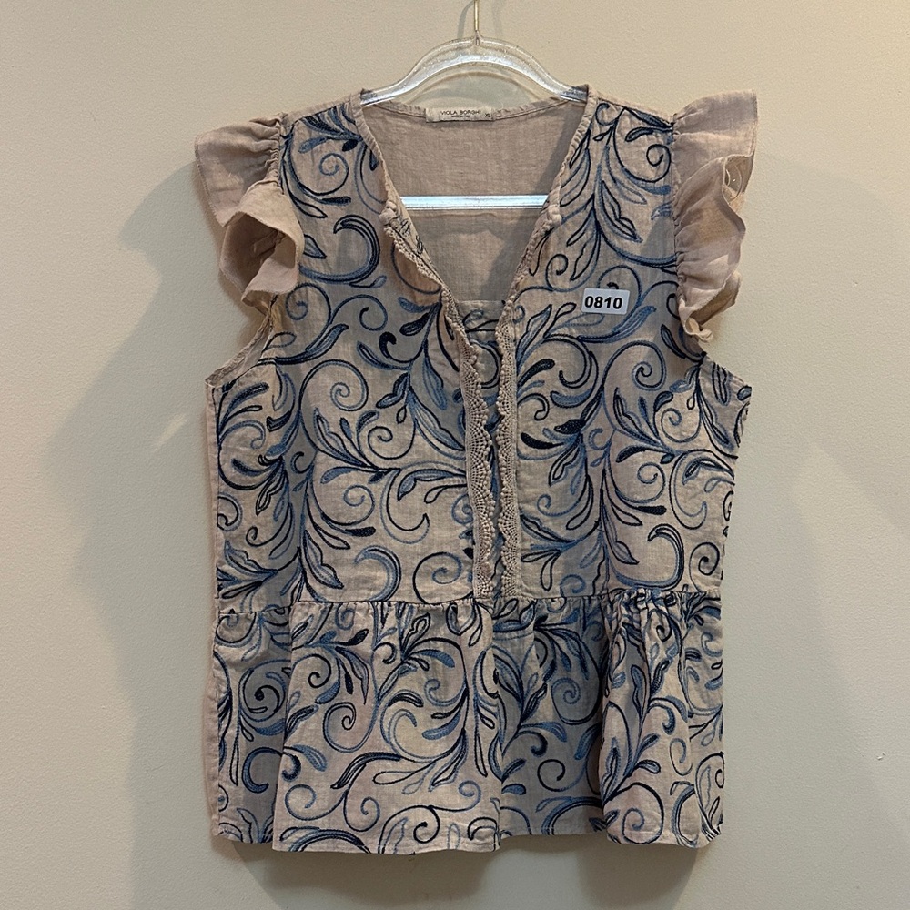 Viola Borghi 100% Linen Scroll Print Peplum Tunic Tan Blue Women’s XL - Picture 3 of 9